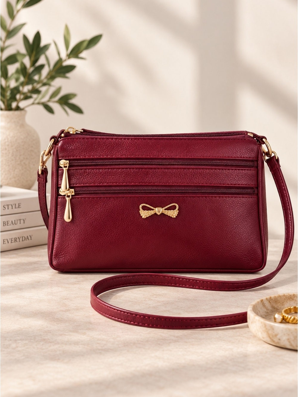 EUC Minimalist Faux Leather Burgundy/Red Crossbody Bag with Removable Strap